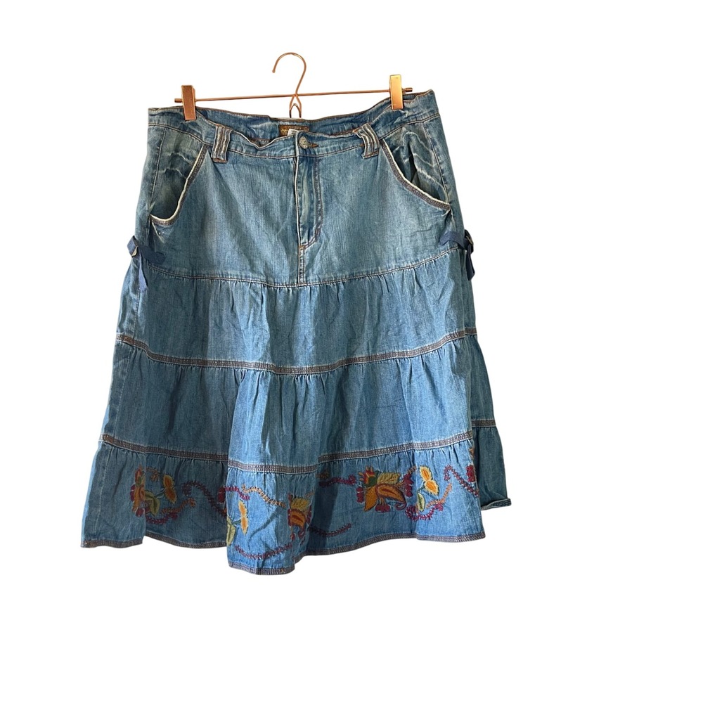 Y2k Blue Denim Tiered Embroidered Midi Skirt Womens 16